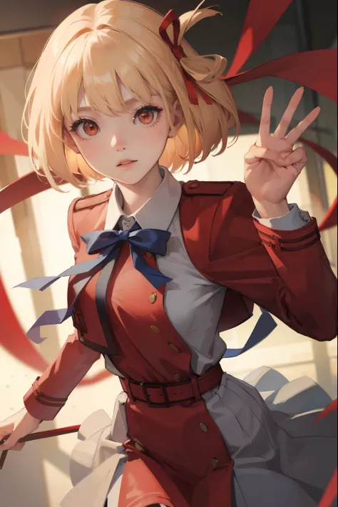 chisatonishikigi, nishikigi chisato, short hair, bangs, blonde hair, (red eyes:1.5), hair ribbon, one side up, bob cut,
BREAK sh...