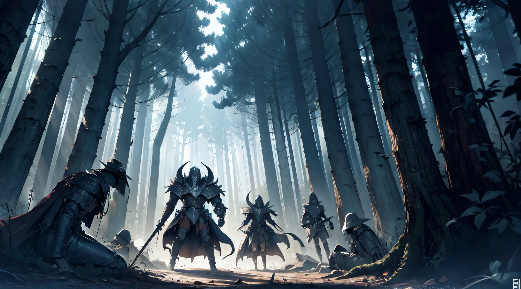 6 名死去的骑士全都倒在地上，肢体残缺, 在一片黑暗的森林里, 有一个精灵生物在他们之上, 漫画绘画, 漫画阴影, 4k, 狂暴艺术