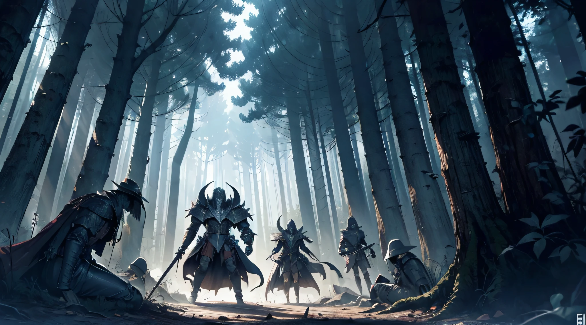 6 dead knights all on the ground missing limbs, in a dark forest, with a eltrich creature over them, manga drawing, manga shading, 4k, berserk art