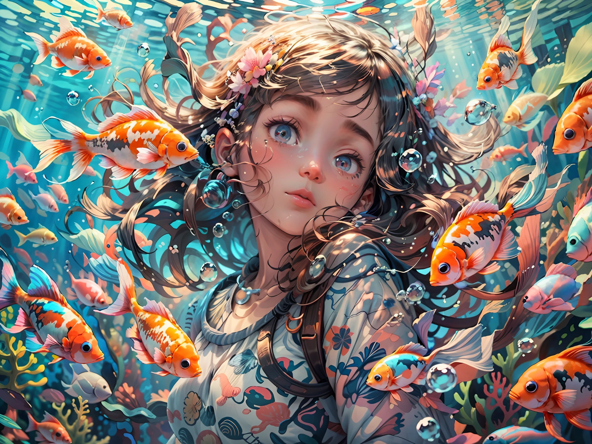 ocean floor，Marine life，big breasts beautiful，the reef，1girll，The upper part of the body， Floating hair，Eyes with stories，looks into camera，Close-up of the shot，Koi are surrounded by koi， Buble，airbubble， Under the water， The sun refracts light，Messy painting style，8K, Super meticulous, Best quality, Masterpiece,