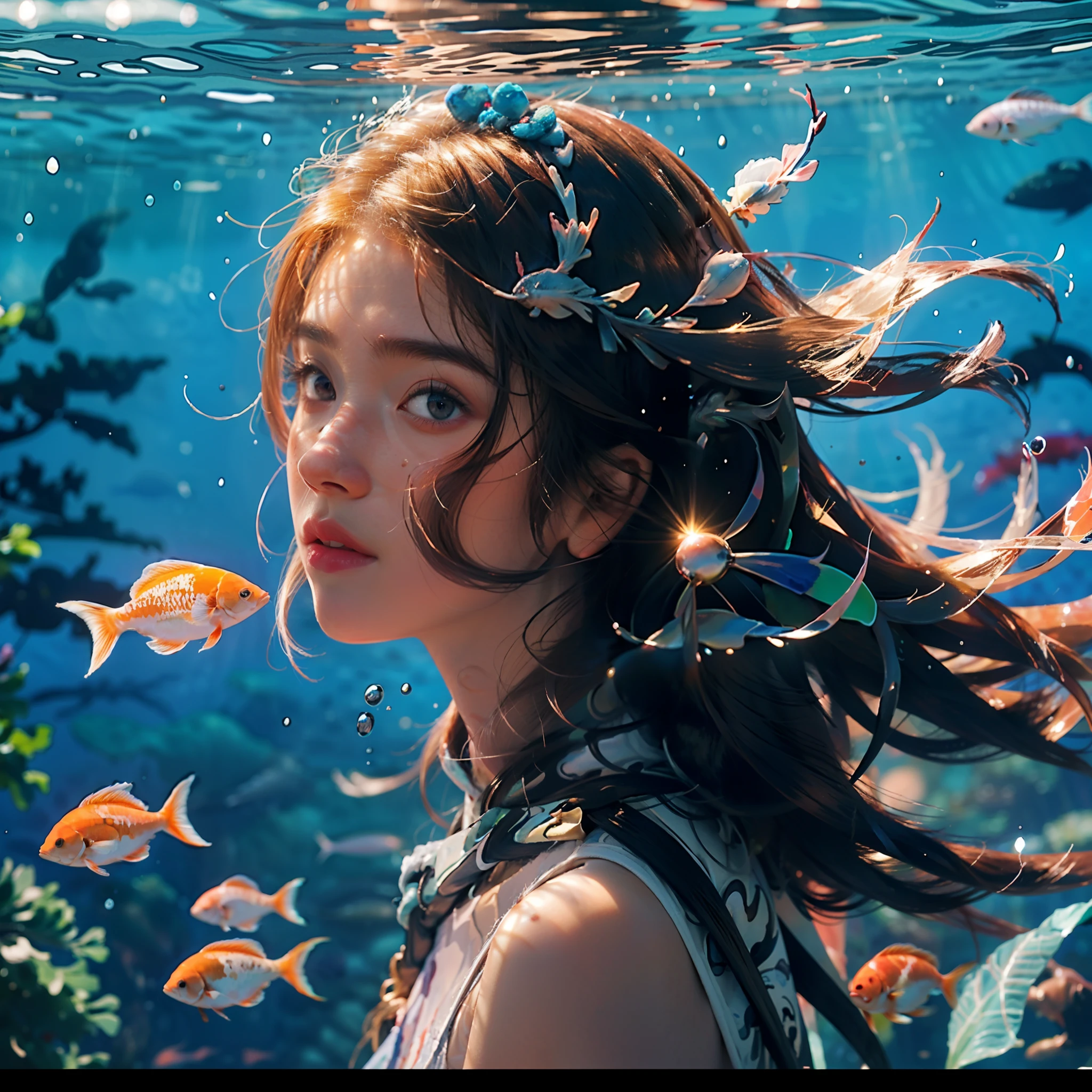 ocean floor，1girll，Floating hair，Eyes with stories，looks into camera，Hair flows in water，Full body like，Close-up of the shot，1 giant koi， Buble，airbubble， Under the water， The sun refracts light， dingdall effect，8K, Super meticulous, Best quality, Masterpiece, Photorealsitic，skin textures