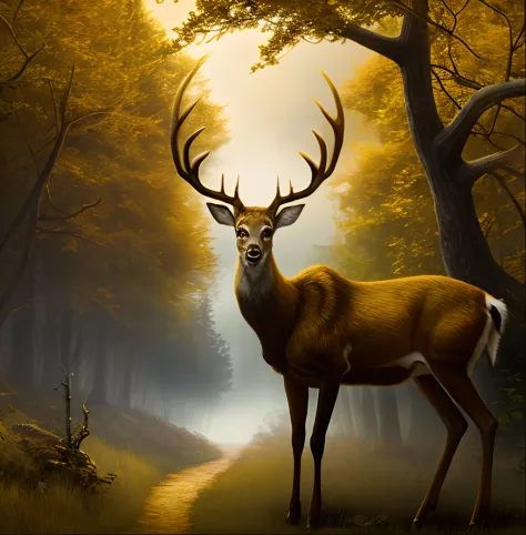 A Mystical Deer with large Antlers Within a Forest with a Golden Tree in the background, Acre Castle in the background