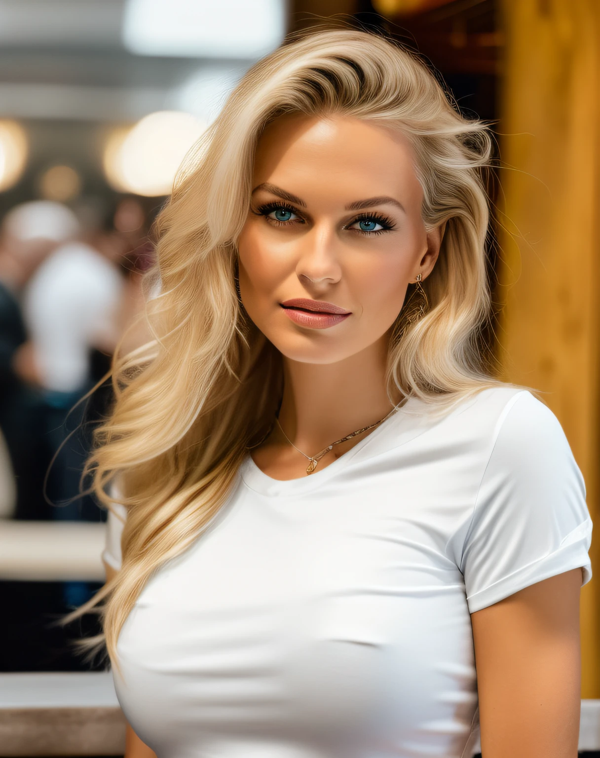 A close up of a woman with long blonde hair wearing a white shirt - SeaArt  AI