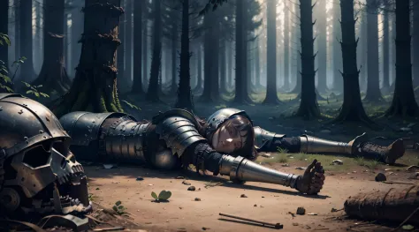 6 dead people, laying on the ground, in armor, in a dark forest, gore, violence, missing limbs