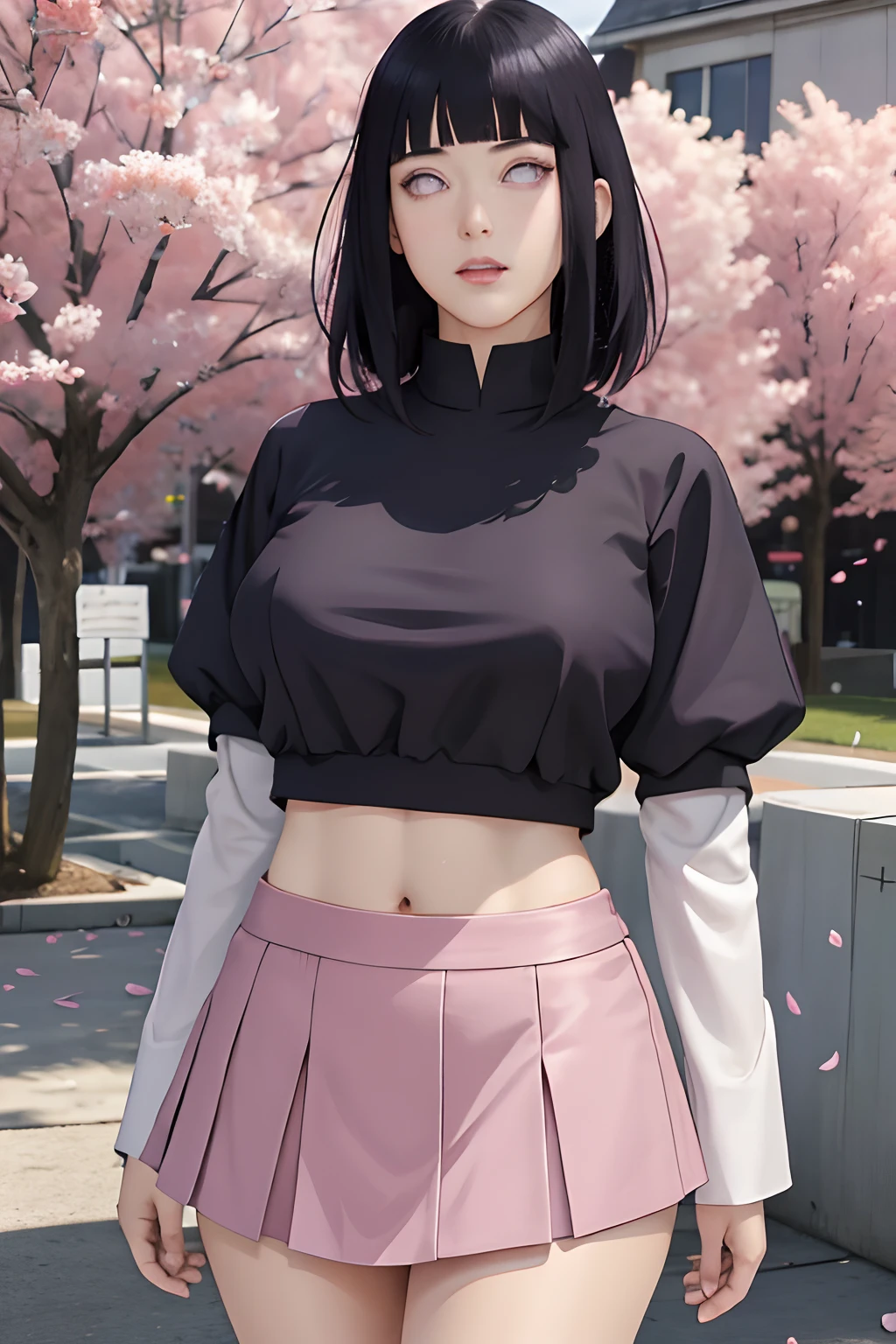 masterpiece, absurdres, hinata\(boruto\), 1girl, solo,mature female, crop top , high waist mini skirt, looking at viewer, (falling petals), perfect composition, detailed lips, big breast, beautiful face, body propotion, blush, (pink lips), long hair,  purple eyes,  soft gaze,  super realistic, detailed, photoshoot, realistic face and body,