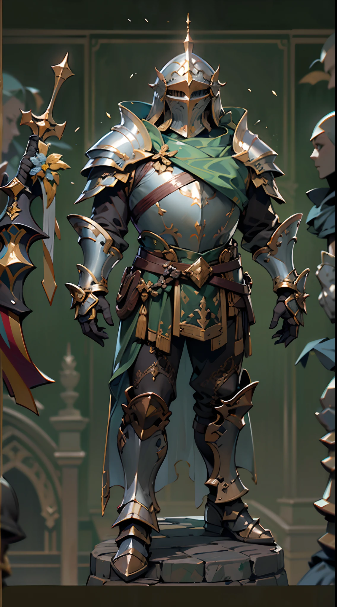 Game character design，holy paladin，Quaint and heavy armor wraps the entire body，shelmet，Holding a stout and ornate scepter，heavy boots，（full bodyesbian：1.4），on  back，solid color backdrop，clean backdrop，depth of fields，high light，Real light，Ray traching，oc rendered，Hyper-realistic，best qualtiy，8K，Works of masters，super-fine，Detailed pubic hair，Correct anatomy，Bokeh，Facial features are carefully depicted