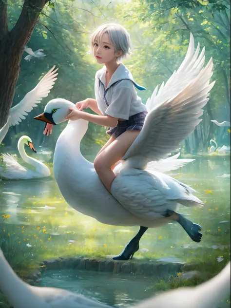 (Best Quality, Masterpiece: 1.1), (Realistic: 1.4), Beautiful naked schoolgirl is riding on the green swan, god ray, teen, silve...