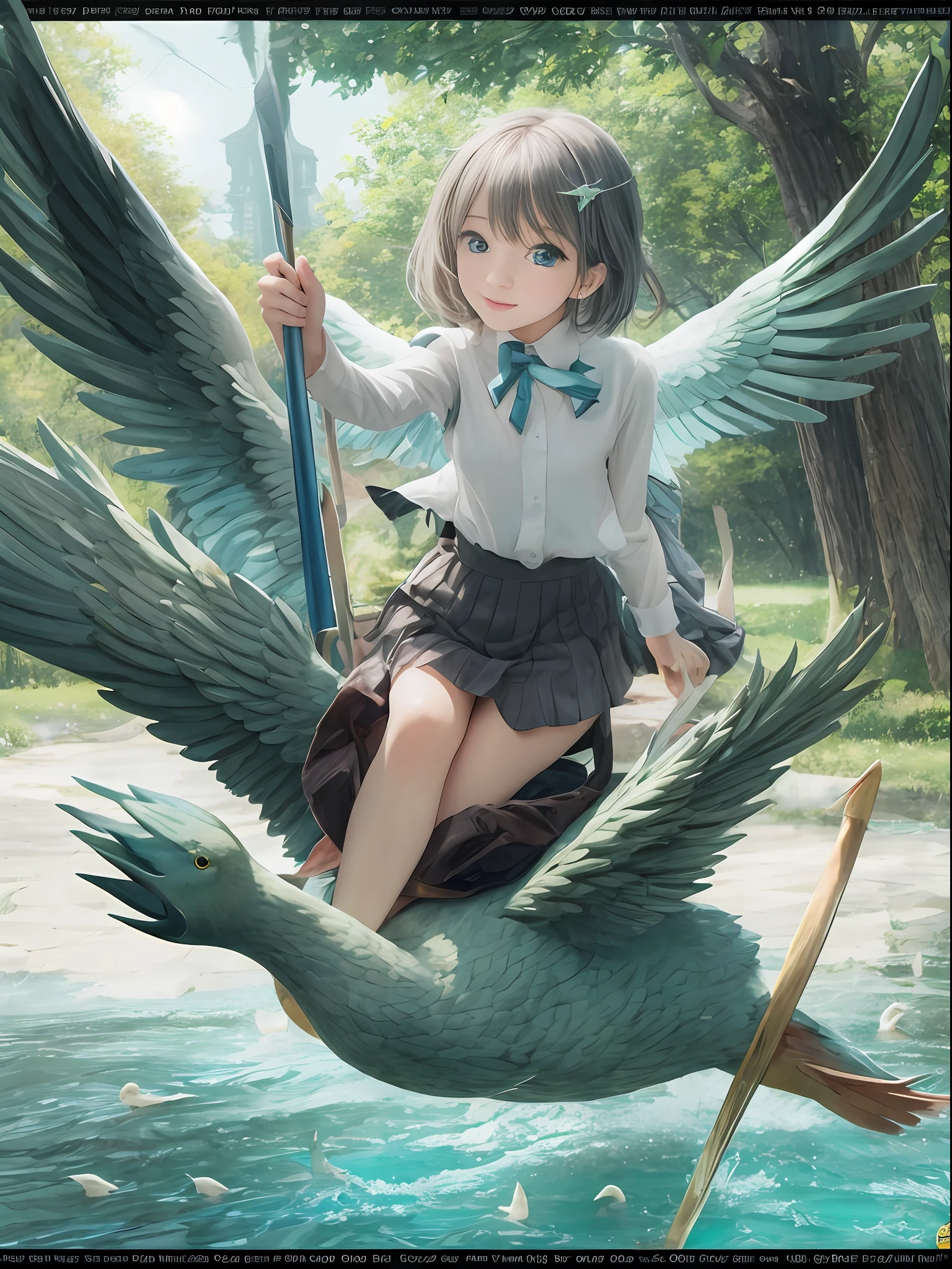 (Best Quality, Masterpiece: 1.1), (Realistic: 1.4), Beautiful naked schoolgirl is riding on the green swan, god ray, teen, silver short hair, blue eyes, full body, from below, hourglass body shape, flying over the park,