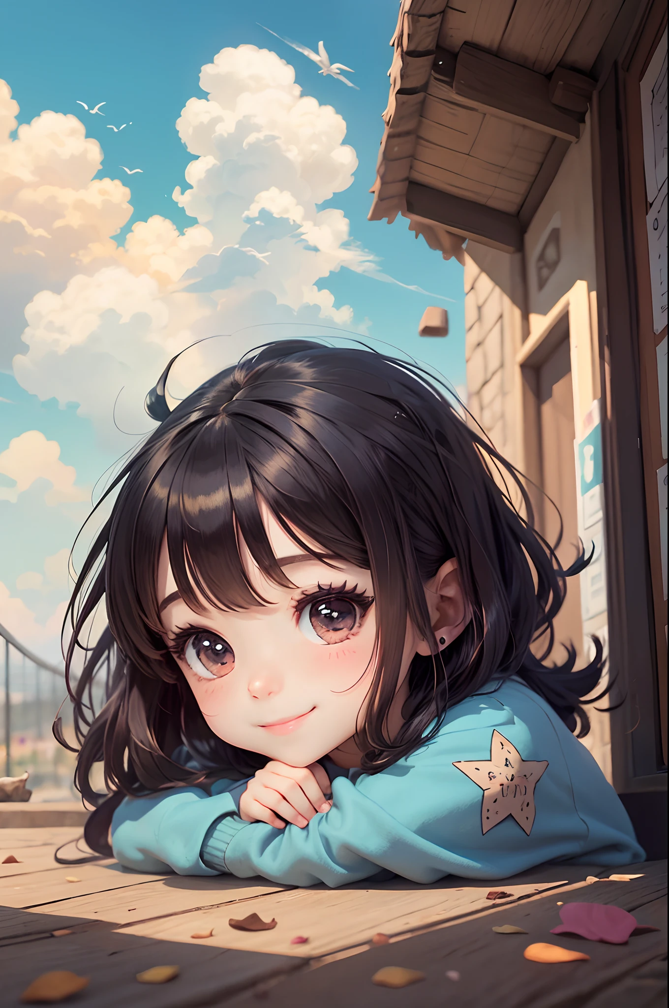 Illustration of a Chibi style girl, cute, beautiful and charming, with a butterfly landing on your shoulder, Grinning, ultra realisitic, 32K. --auto --s2