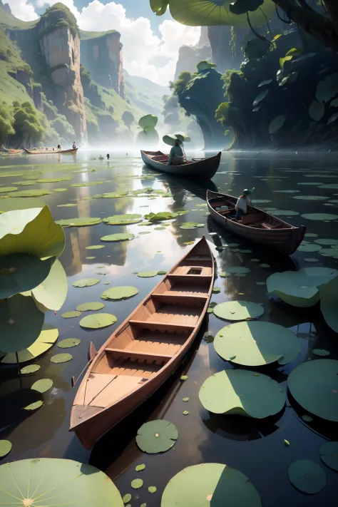 lakes，lotus leaf，boat，boat people，people rocking boats