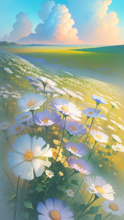 White flower field painting with blue sky as background, beautiful digital painting, soft digital painting, Gorgeous digital pai...