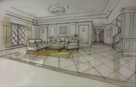 a drawing of a living room with a couch and a chair, interior living room, 3 d point perspective, interior background art, Interior design, sketch illustratio, building rendering, 2 point perspective, Architectural sketch, 6 point perspective, 5 point pers...