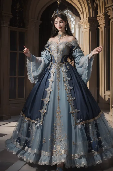Full body、((top-quality、​masterpiece、in 8K))、Beauty 1 person、delicate and beautiful face、extremely detailed eye and face、beatiful detailed eyes、18year old、（Rococo glamorous blue dress）、Beautiful long hair、Elegant smile、（Walk gracefully through the medieval...