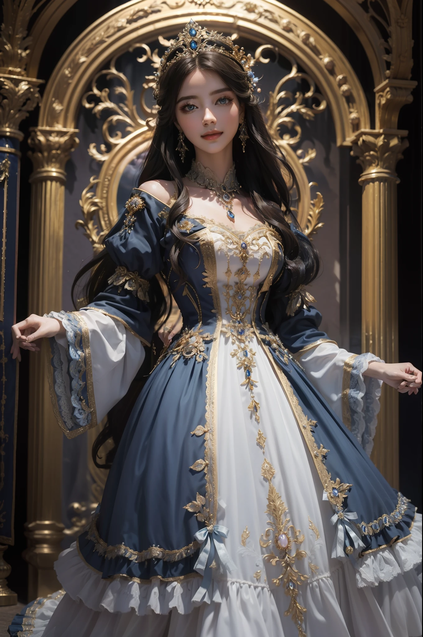 Full body、((top-quality、​masterpiece、in 8K))、Beauty 1 person、delicate and beautiful face、extremely detailed eye and face、beatiful detailed eyes、18year old、（Rococo glamorous blue dress）、Beautiful long hair、Elegant smile、（Walk gracefully through the medieval European-style streets）、ornate headdress、Pedras preciosas、Luxury accessories、European-style castle、Cinematic lighting、Textured skin、Super Detail、high detailing、High quality、hight resolution、Medieval European style、Pedras preciosas、looking at viewer、Elegant smile、full body、europian