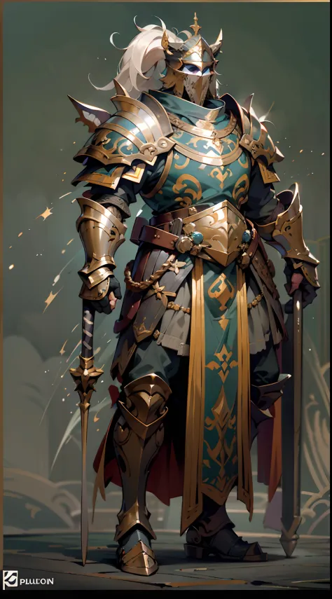 Game character design，holy paladin，Quaint and heavy armor wraps the entire body，shelmet，Holding a stout and ornate scepter，heavy...