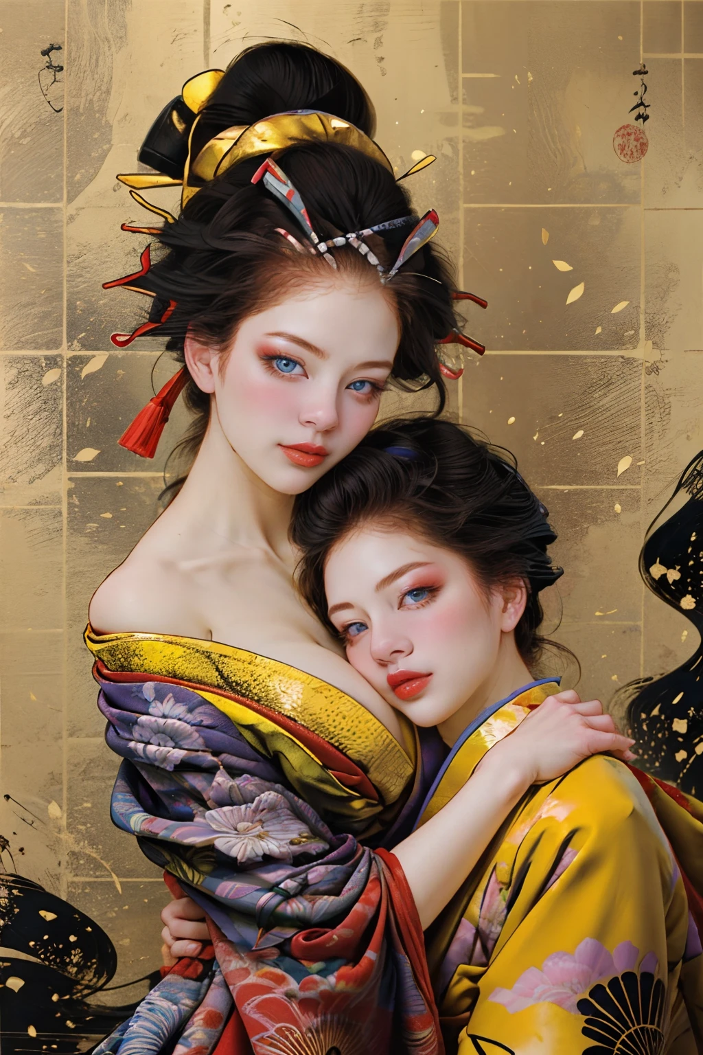 split-colored hair、ichiro、 1girl in, Cowboy Shot、solo, blue eyess, A darK-haired, hair adornments, Hugged, cleavage of the breast, middlebreast, Clean curves、florals, red japanese clothes, kimono, off shoulders, manicure, makeup, lipsticks, yellow background, red claw, eyeshadows, florals, hair stick, kanzashi, Comb,Glossy, Bewitching,