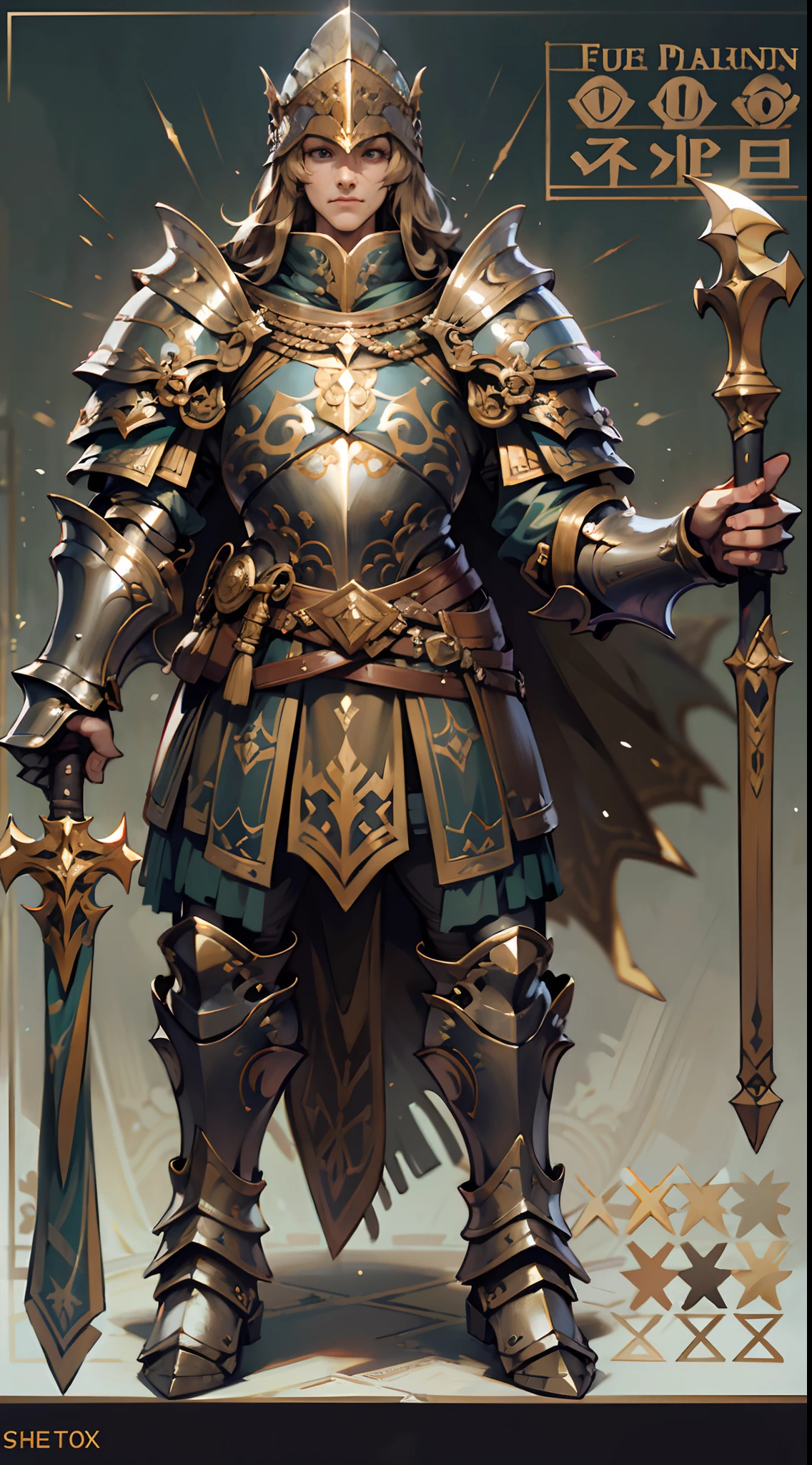 Game character design，holy paladin，Quaint and heavy armor wraps the entire body，shelmet，Holding a stout and ornate scepter，heavy boots，（Full-body side：1.4），Lateral face，solid color backdrop，clean backdrop，depth of fields，high light，Real light，Ray traching，oc rendered，Hyper-realistic，best qualtiy，8K，Works of masters，super-fine，Detailed pubic hair，Correct anatomy，Bokeh，Facial features are carefully depicted