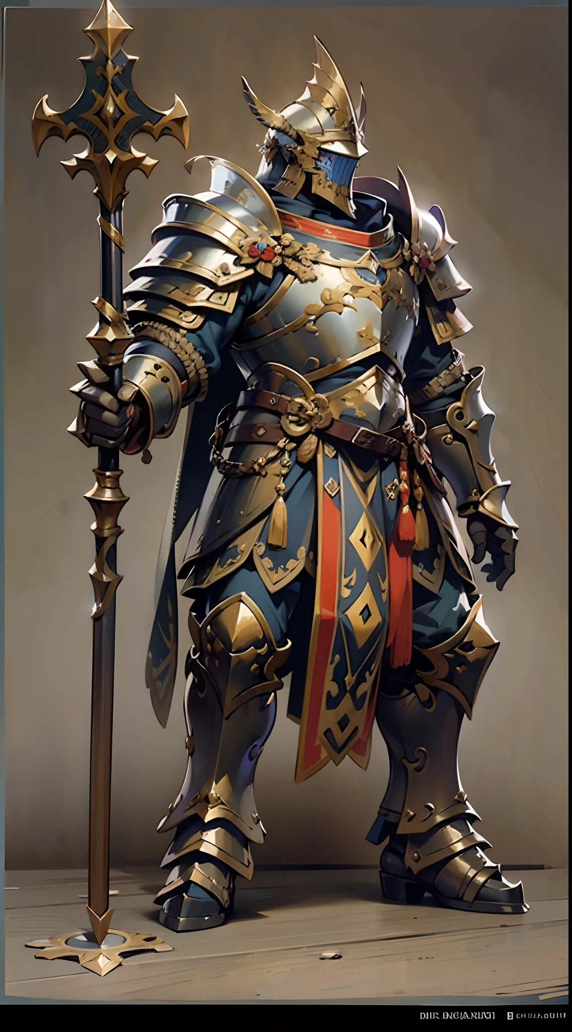 Game character design，holy paladin，Quaint and heavy armor wraps the entire body，shelmet，Holding a stout and ornate scepter，heavy boots，（Full-body side：1.4），Lateral face，solid color backdrop，clean backdrop，depth of fields，high light，Real light，Ray traching，oc rendered，Hyper-realistic，best qualtiy，8K，Works of masters，super-fine，Detailed pubic hair，Correct anatomy，Bokeh，Facial features are carefully depicted