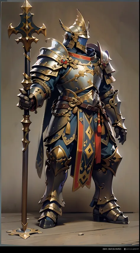 Game character design，holy paladin，Quaint and heavy armor wraps the entire body，shelmet，Holding a stout and ornate scepter，heavy...