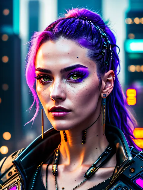 modelshoot style, 20yo cyberpunk woman in a futuristic cyberpunk city, intricate, scifi, futuristic, feminine face, detailed eyes, waist up, best quality masterpiece, photorealistic, detailed, 8k, HDR, shallow depth of field, broad light, high contrast, ba...