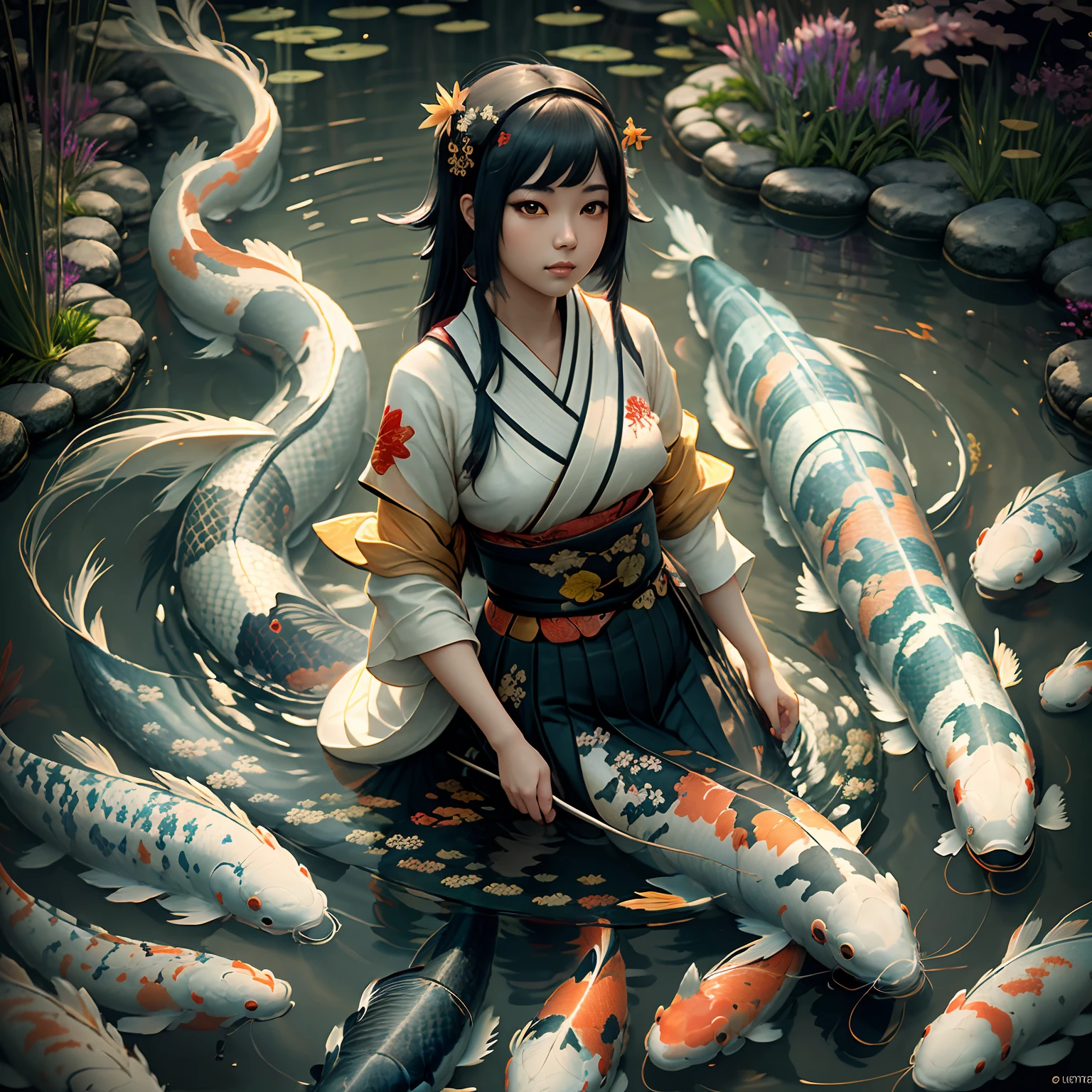 (koi fish and girl), the pond, garden, Illustration, cinematic light, high resolution, best quality, ultra detailed, masterpiece,