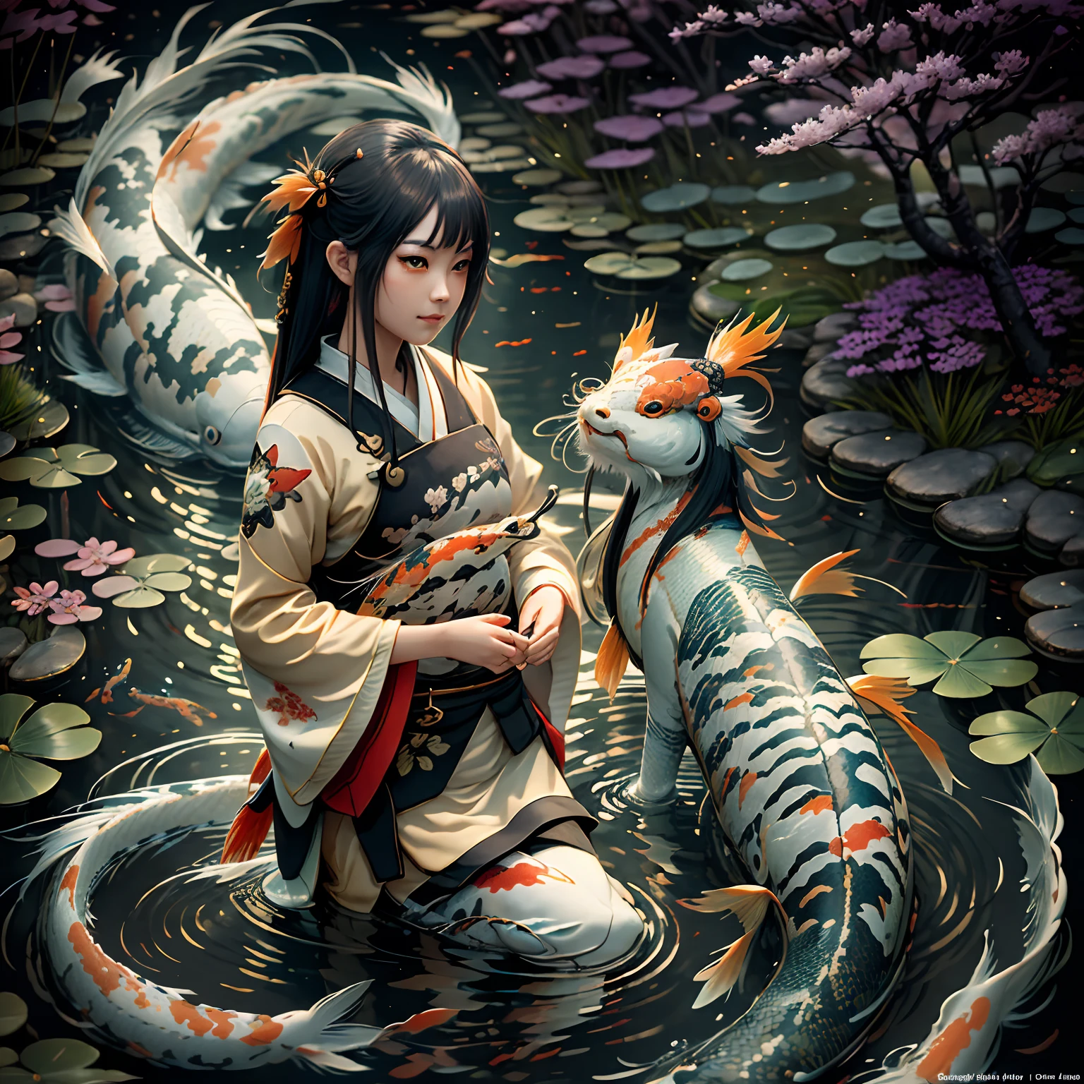 (Koi-Fische und Mädchen), der Teich, garden, Illustration, filmisches Licht, Hohe Auflösung, beste Qualität, Extrem detailliert, Meisterwerk,