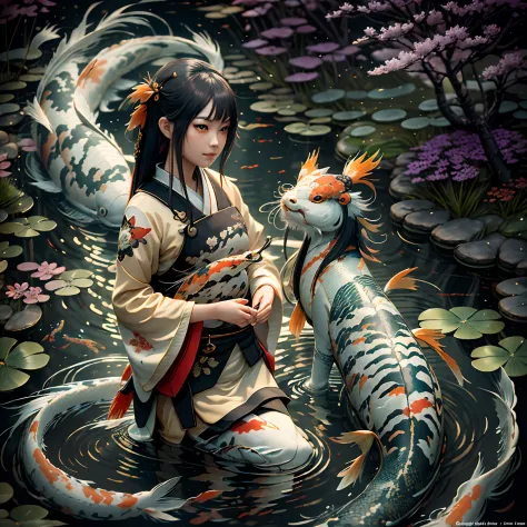 (koi fish and girl), the pond, garden, Illustration, cinematic light, high resolution, best quality, ultra detailed, masterpiece,