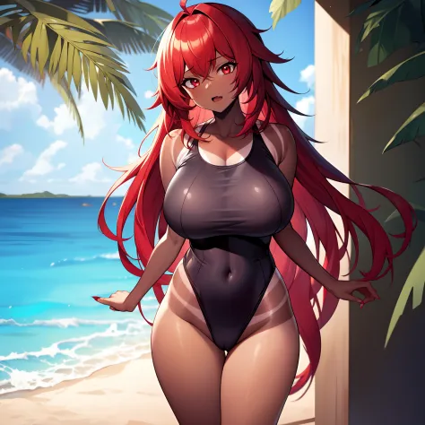 masterpiece, high res, hig quality, extremely detailed, 1girl, solo, nihilster, dark-skinned female, tanlines, large breasts, red eyes, red hair, long hair, fang, open mouth, parted lips, fingernails, school swimsuit, beach, morning, standing, anime