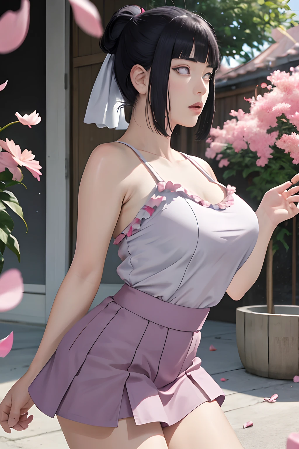 masterpiece, absurdres, hinata\(boruto\), 1girl, solo,mature female, spaghetti strap top, high waist short skirt, looking at viewer, (falling petals), perfect composition, detailed lips, big breast, beautiful face, body propotion, blush, (pink lips), ponytail,  purple eyes,  soft gaze,  super realistic, detailed, photoshoot, realistic face and body, side view