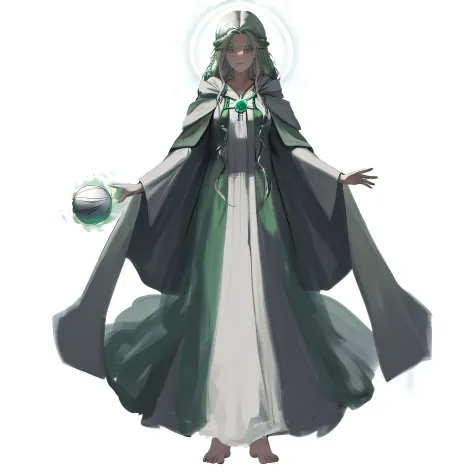 Woman in green cloak and white dress holding ball, flowing magic robe, flowing robe, astral witch clothes, wearing flowing robes, flowing robe, Cotton Cloud Mage Robe, fantasy dress, ornate flowing robe, wearing a flowing cloak, Dark, flowing robe, ornate ...