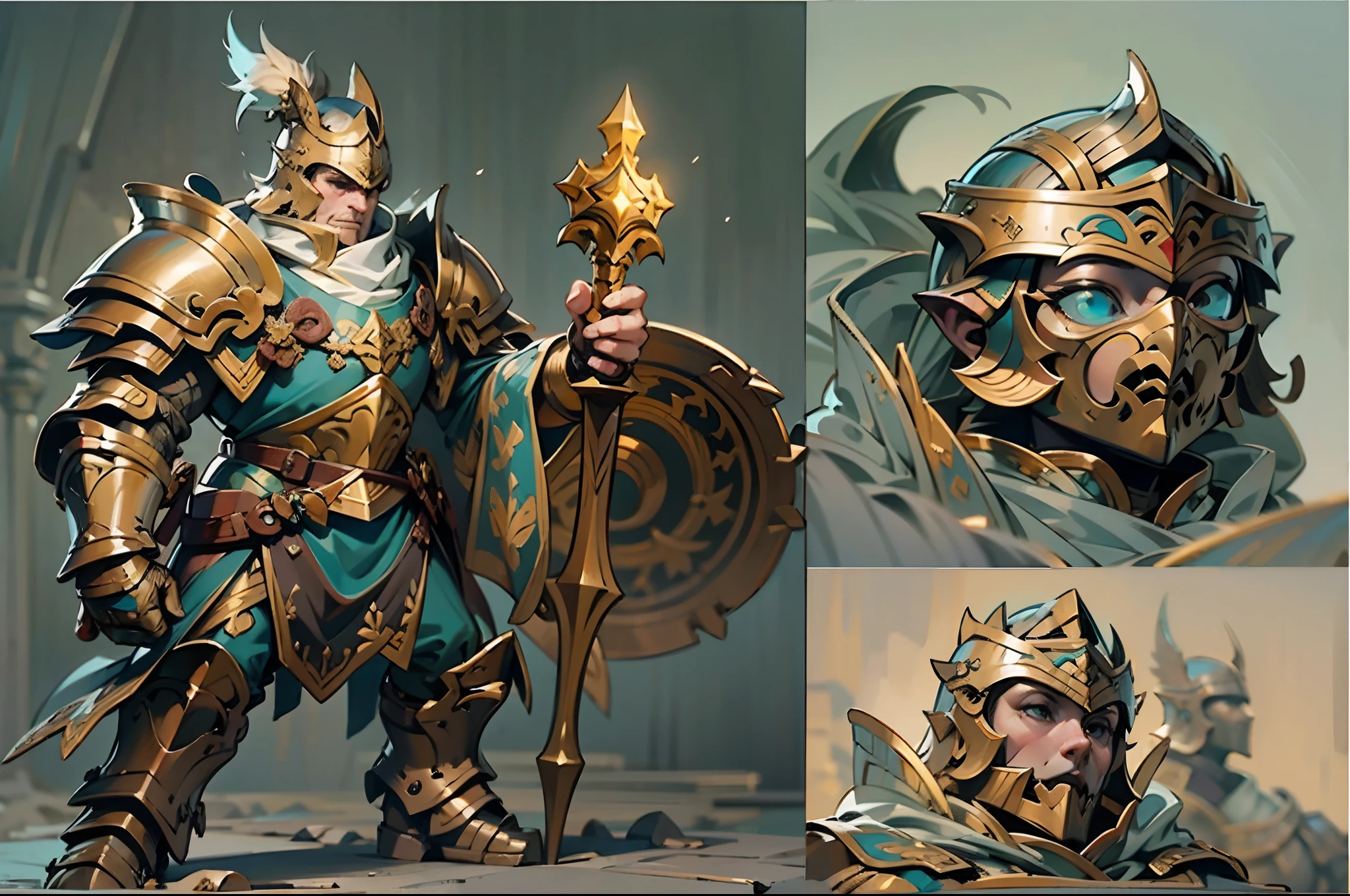 Game character design，holy paladin，Quaint and heavy armor wraps the entire body，shelmet，Holding a stout and ornate scepter，heavy boots，（Full-body side：1.4），Lateral face，solid color backdrop，clean backdrop，depth of fields，high light，Real light，Ray traching，oc rendered，Hyper-realistic，best qualtiy，8K，Works of masters，super-fine，Detailed pubic hair，Correct anatomy，Bokeh，Facial features are carefully depicted