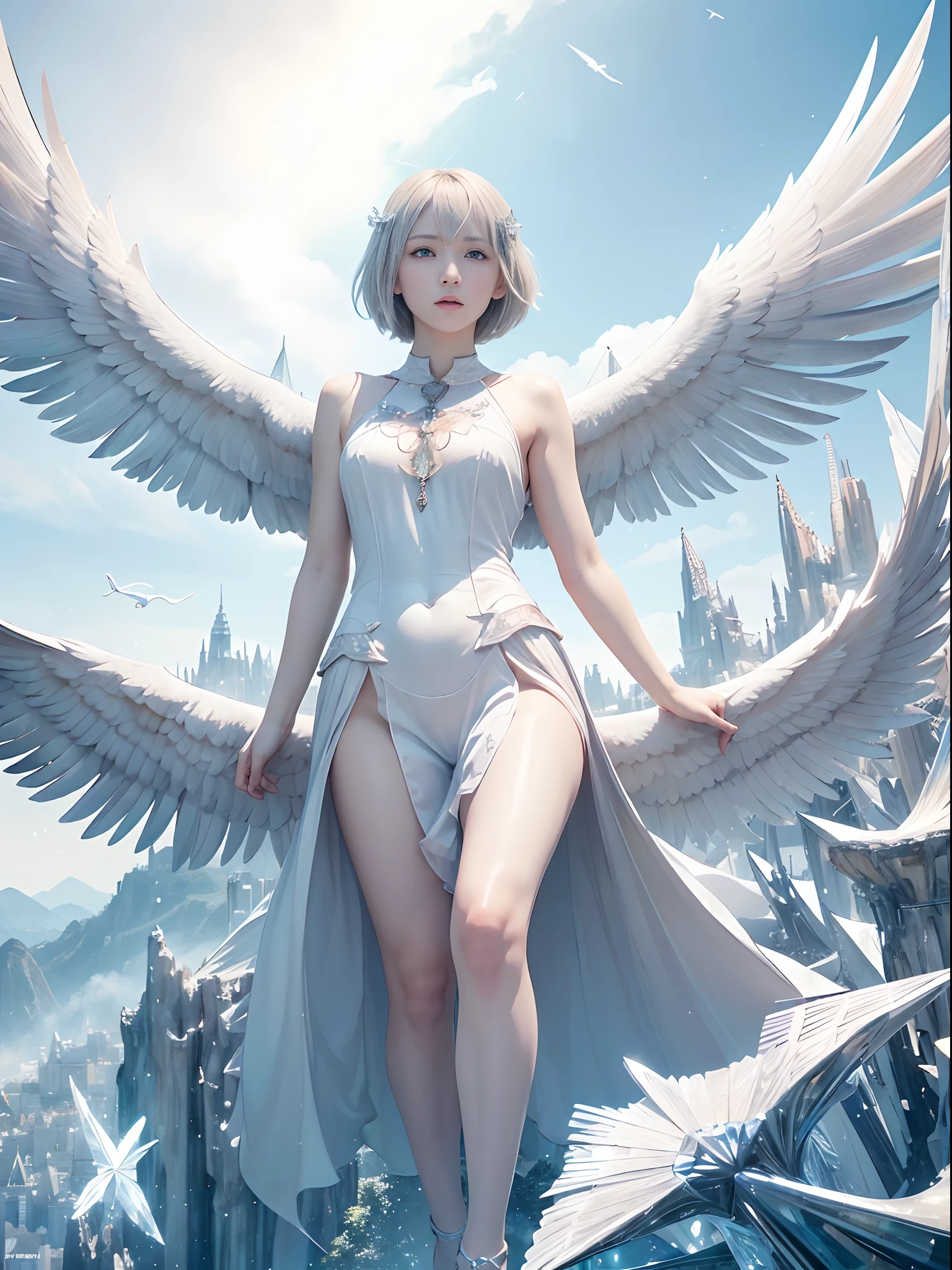 (Best Quality, Masterpiece: 1.1), (Realistic: 1.4), Beautiful naked schoolgirl is riding on the white eagle, god ray, teen, silver short hair, blue eyes, full body, from below, hourglass body shape, flying over the park, crystallineAI ,fractal art, splash