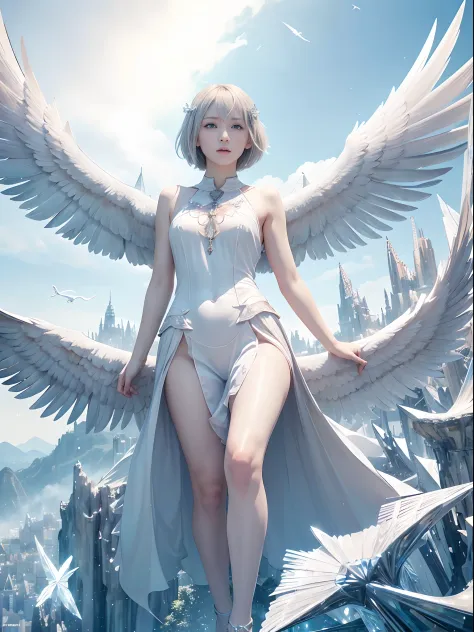 (Best Quality, Masterpiece: 1.1), (Realistic: 1.4), Beautiful naked schoolgirl is riding on the white eagle, god ray, teen, silv...