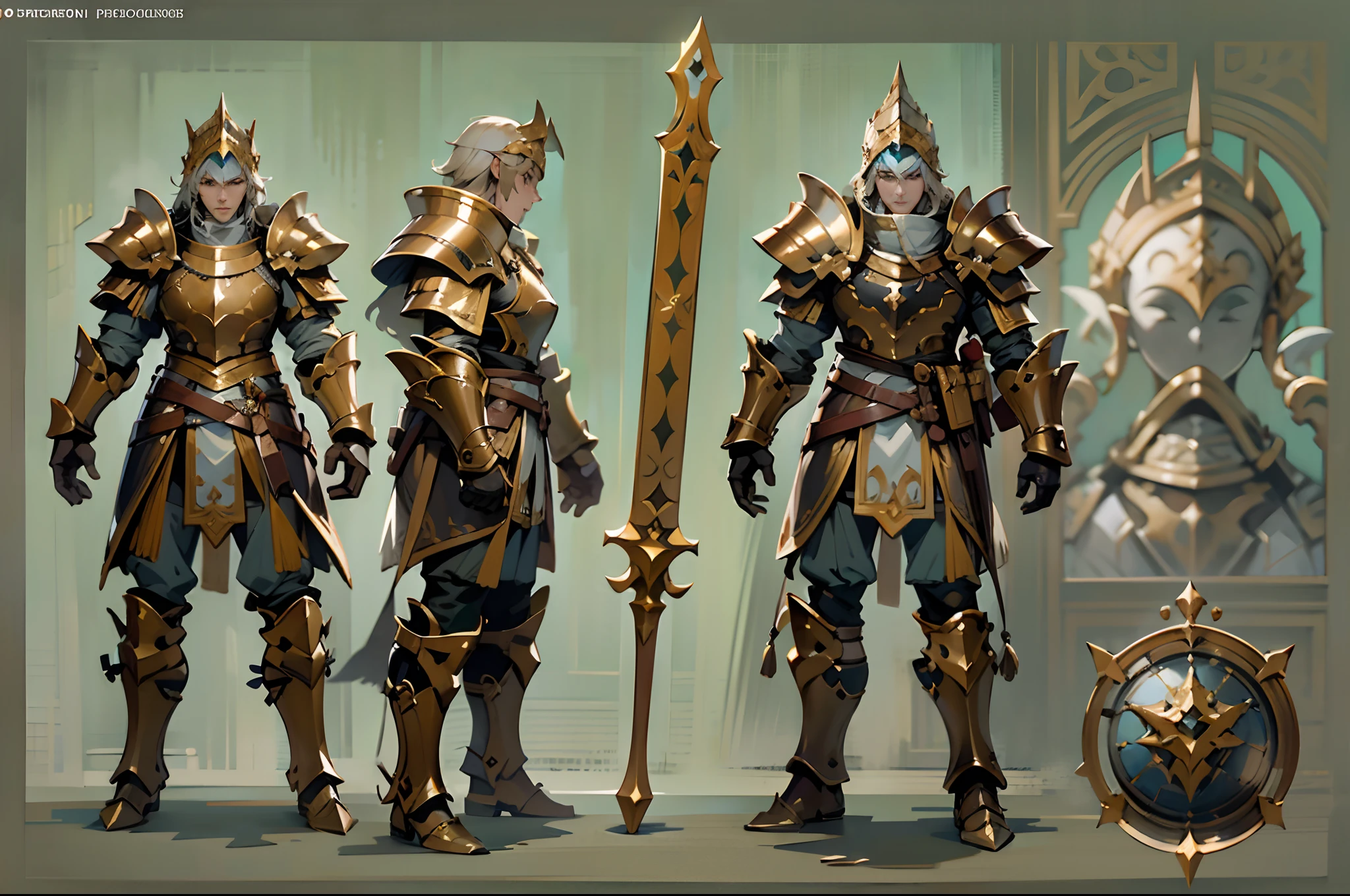 Game character design，holy paladin，Quaint and heavy armor wraps the entire body，shelmet，Holding a stout and ornate scepter，heavy boots，（Full-body side：1.4），Lateral face，solid color backdrop，clean backdrop，depth of fields，high light，Real light，Ray traching，oc rendered，Hyper-realistic，best qualtiy，8K，Works of masters，super-fine，Detailed pubic hair，Correct anatomy，Bokeh，Facial features are carefully depicted