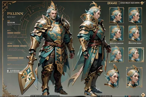 Game character design，holy paladin，Quaint and heavy armor wraps the entire body，shelmet，Holding a stout and ornate scepter，heavy...