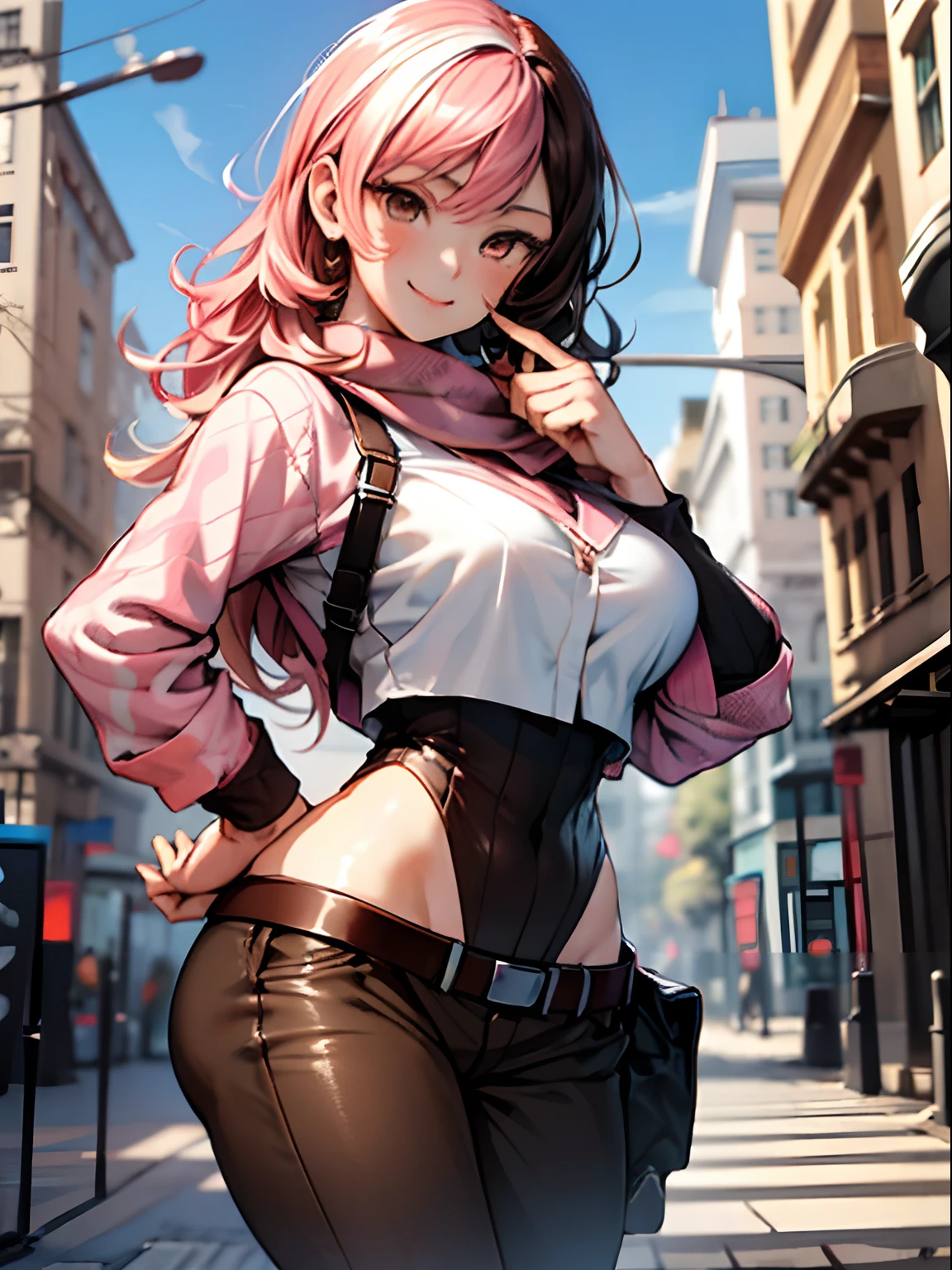 (Masterpiece, Best Quality:1.2), Cowboy shot, 独奏, 1girl, Neapolitan, Smile, closed mouth, looking a viewer, Heterochromia, Brown eyes, pink eyes, Average Breasts, leotard, pants, wide thighs, belt, big butt, Erotica