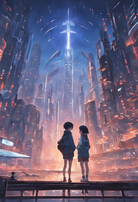 Develop interesting book covers for science fiction novels. Scene depicting futuristic city in the morning, Glittering skyscrapers and flying cars crisscross the dark sky. In the center of the cover, A pair of protagonists are looking at the city from a te...