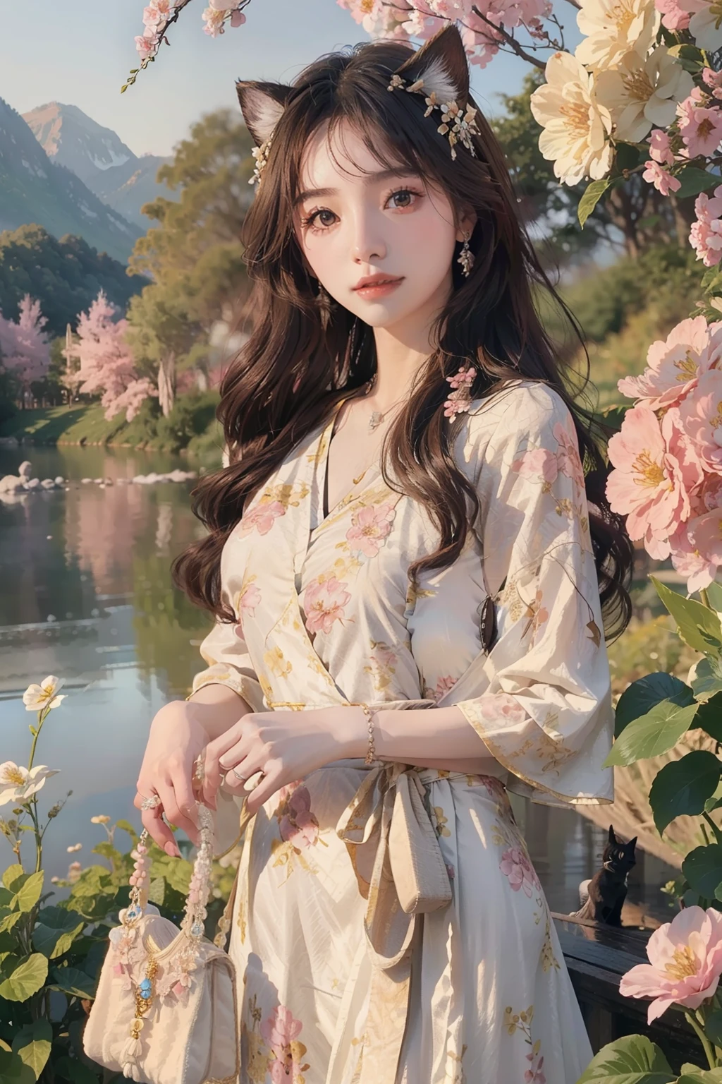 ((top-quality、​masterpiece、photographrealistic:1.4、8K))、kawaii girl、sixteen years old、extremely detailed eye and face、beatiful detailed eyes、cat ear、（Princess in fluffy cute luxury dress）、pink  dress、Luxury accessories、innocent-looking face、（Princess walking on a hill with many flowers blooming）、Beautiful lighting、Textured skin、Super Detail、high detailing、High quality、hight resolution、（looking at the viewers）、lots of flower、blue open sky、europian、fantasy worlds