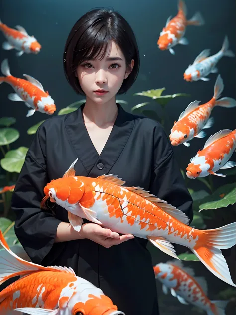(((30-year-old woman with)))、((aquariums))、​masterpiece, 1 beautiful girls, (((very_Short_hair))), Eye details, Swollen eyes, Top image quality, 超A high resolution, (Realistis: 1.4), OriginalPhotographs, 1girl in, Cinematographic lighting, japanes, very be...