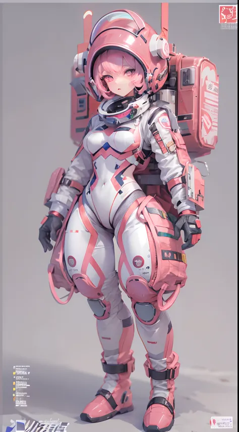 （tmasterpiece：1.3），（best qualtiy：1.3），3D，8K，.1girll，独奏，Pink hair，Pink eyes，shelmet，full bodyesbian，Spacesuit，tightsuit，mitts，standing on your feet，Q version