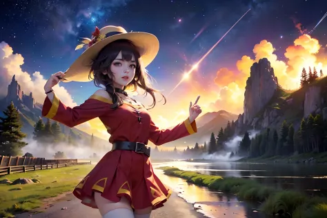 (mejor calidad), (obra maestra), (realista,) (fotorrealista), ultra-detallado, 
1chica, (espalda), sonrisa, solo,
megumin, estil...