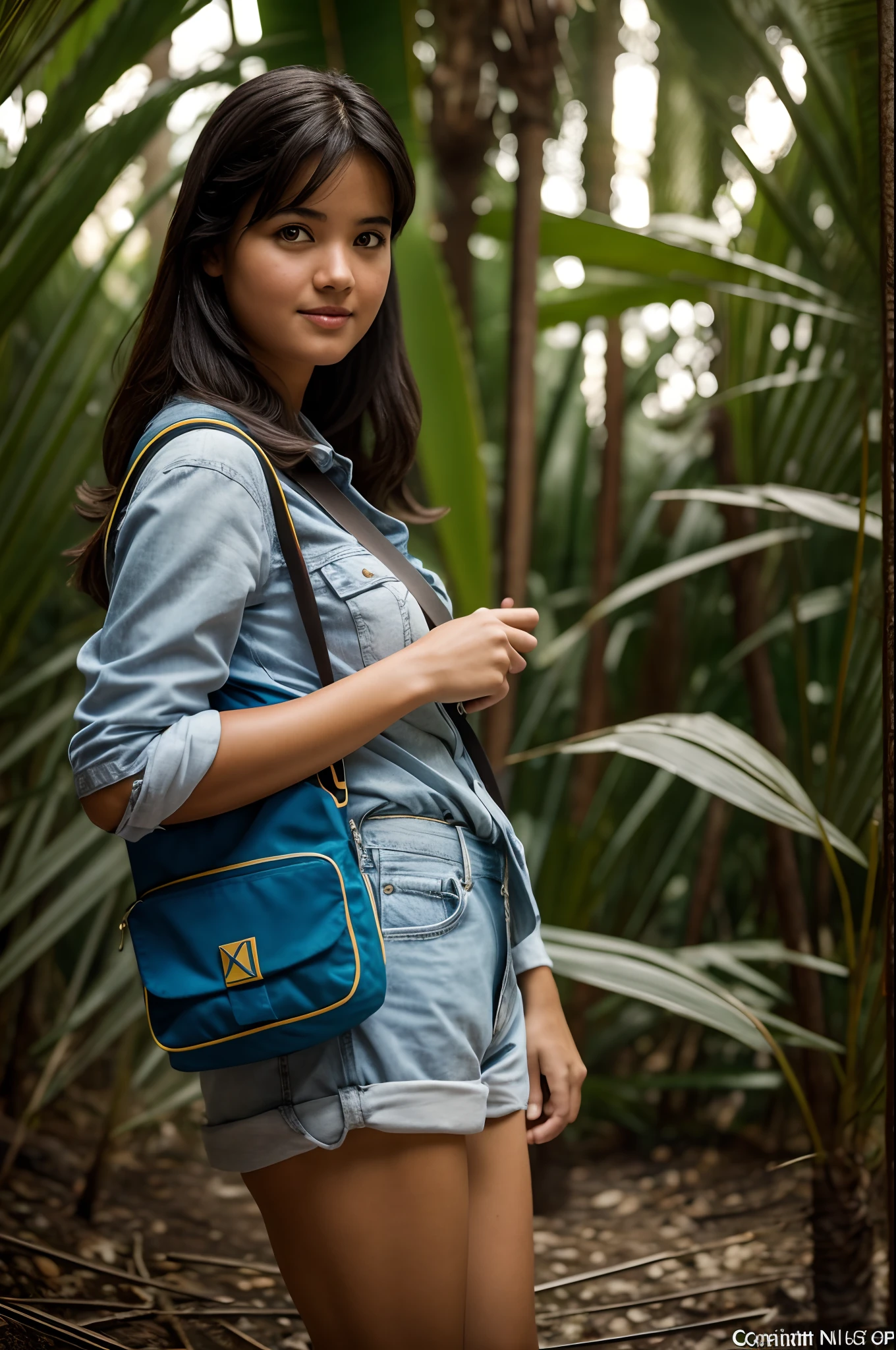 Arafed woman in denim shorts and a blue purse standing in a forest - SeaArt  AI