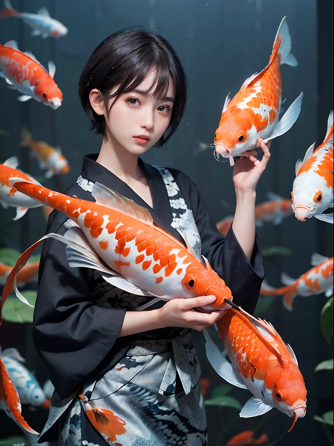 (((30-year-old woman with)))、((aquariums))、​masterpiece, 1 beautiful girls, (((very_Short_hair))), Eye details, Swollen eyes, Top image quality, 超A high resolution, (Realistis: 1.4), OriginalPhotographs, 1girl in, Cinematographic lighting, japanes, very beautif, Beautiful skins, (A hyper-realistic), (hight resolution), (8 K), (ighly detailed), (The best illustrations), (beautifully detailed eyes), (ultra-detailliert), A detailed face, look at a camera, Facing straight ahead, Neat Clothing, shorth hair、A dark-haired、46-point diagonal bangs、((aquariums))、Lots of koi fish、(((koi fish)))