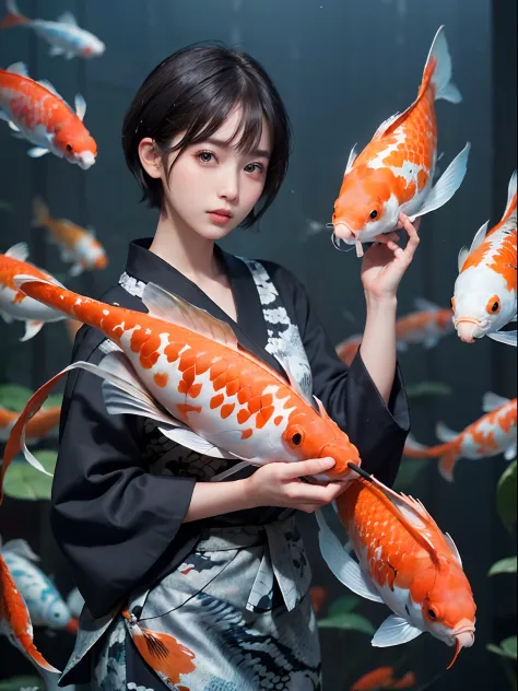 (((30-year-old woman with)))、((aquariums))、​masterpiece, 1 beautiful girls, (((very_Short_hair))), Eye details, Swollen eyes, To...