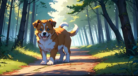 Masterpiece, best quality, 8k resolution, cinematic lighting, a cute puppy, small size, solo, yellow hair, grass, sad mood,wagging tail, in forest,path