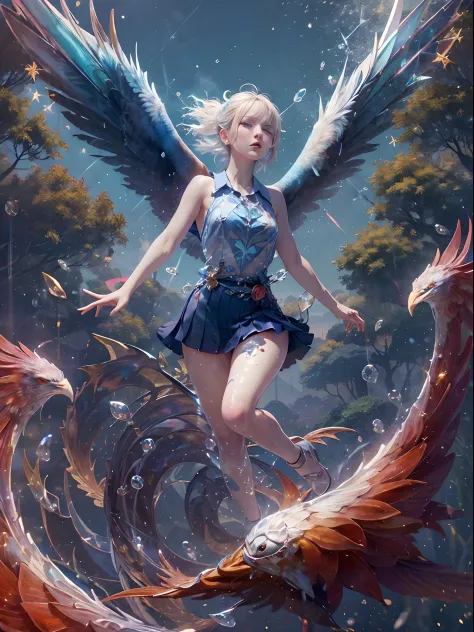 (Best Quality, Masterpiece: 1.1), (Realistic: 1.4), Beautiful naked schoolgirl is riding on the red eagle, god ray, teen, silver...