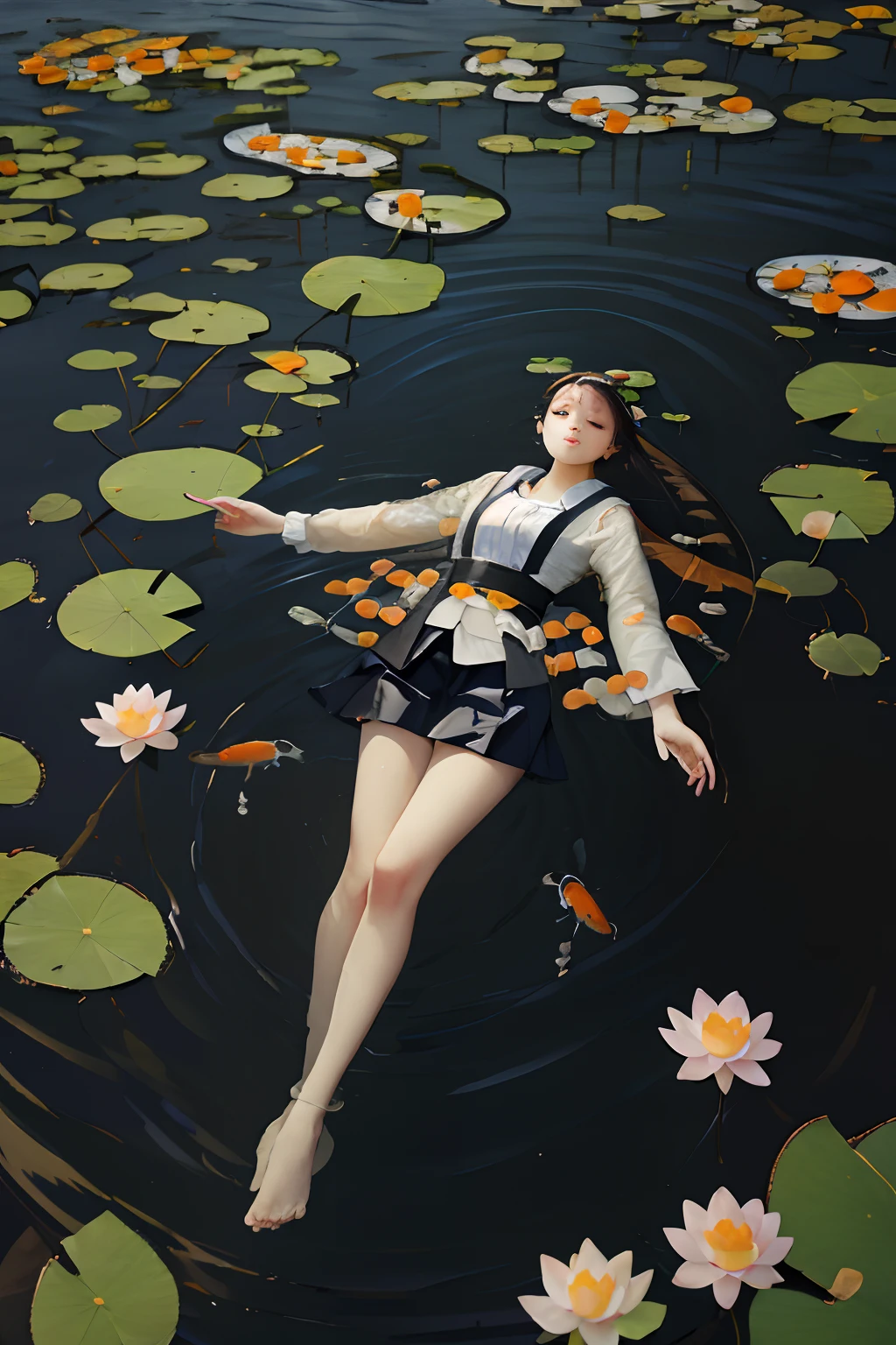(masterpiece:1.3),(best quality:1.2),8k,absurdres,(extremely detailed:1.2),highestres,
photo,realistic,solo,
(1girl:1.2),floating,water,afloat,(lotus:1.2),(reflection:1.1),lying,(koi fish:1.1),from above,