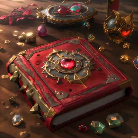 1 spell book with red cover，Set with precious stones，gameicon，tmasterpiece，best qualtiy，ultra - detailed，tmasterpiece，k hd，
white backgrounid，a 3D render，Blender cycle， volumettic light，
No Man，reification，fanciful