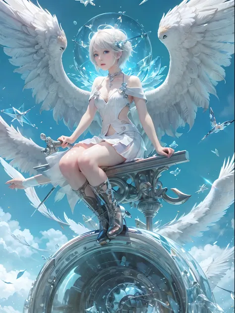 (Best Quality, Masterpiece: 1.1), (Realistic: 1.4), Beautiful naked schoolgirl is riding on the white hawk, god ray, teen, silve...