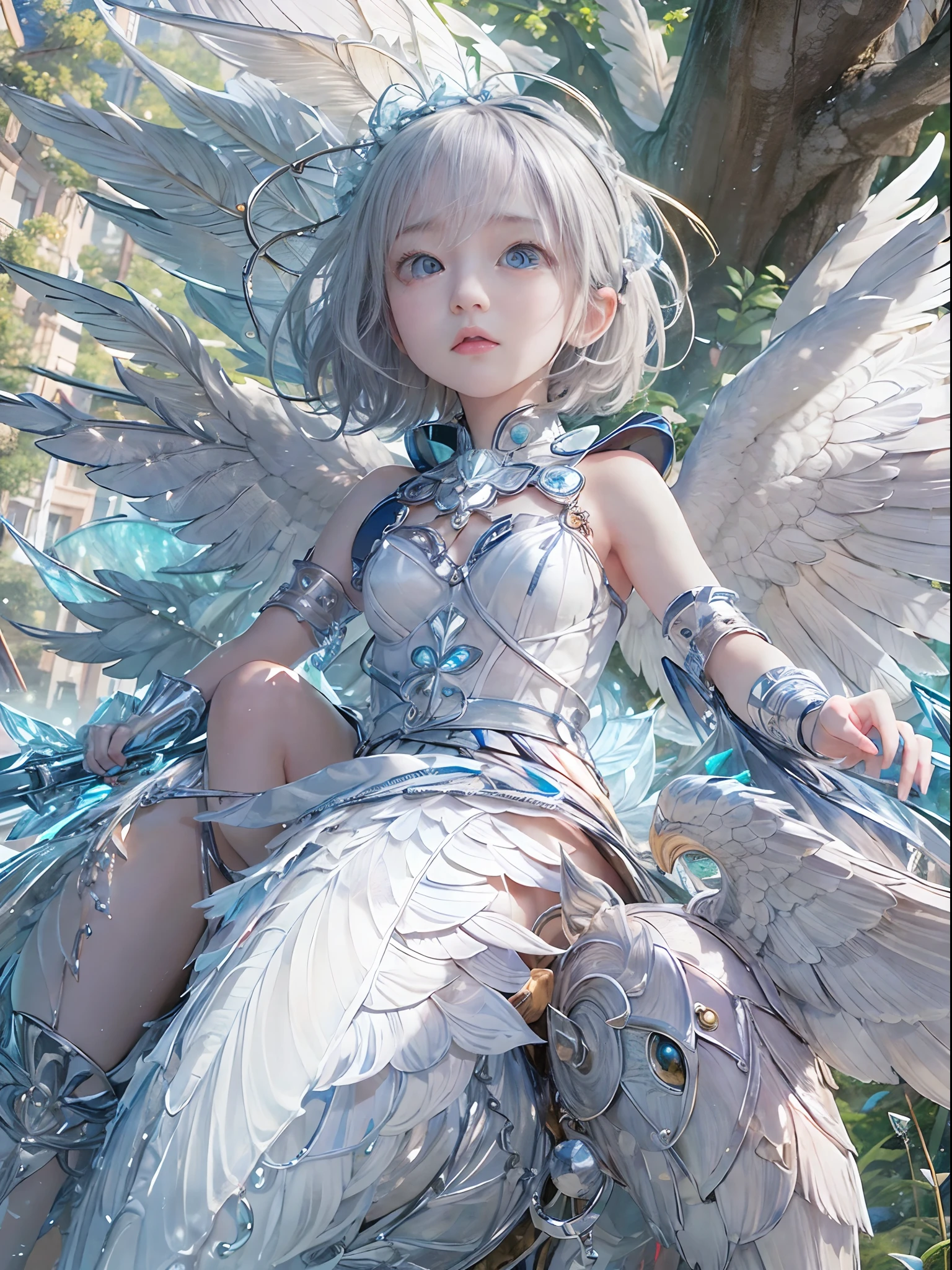 (Best Quality, Masterpiece: 1.1), (Realistic: 1.4), Beautiful naked schoolgirl is riding on the white hawk, god ray, teen, silver short hair, blue eyes, full body, from below, hourglass body shape, flying over the park, crystallineAI ,fractal art, splash